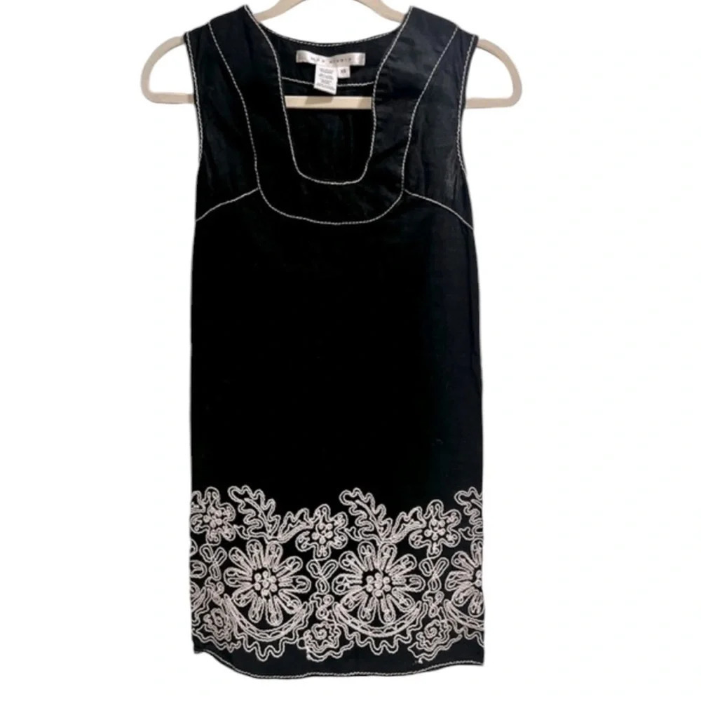 Max Studio Black Shift Dress with White Floral Hem Embroidery